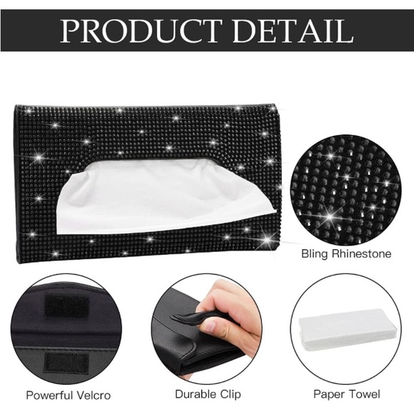 Black Leather Crystal Car Sun Visor Tissue Box Towel Napkin Holder - Picture 3 of 6